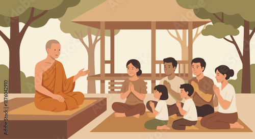Buddhist Monk Teaching Dharma
A flat vector illustration of a Buddhist monk teaching Dharma to students or laypeople. Gentle hand gestures, attentive listeners.