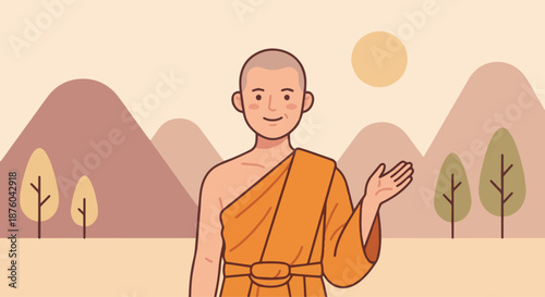 Buddhist Monk Offering Blessing
A flat vector illustration of a Buddhist monk offering a blessing with open palms or gentle gesture. Calm expression. Flat vector style, compassionate and reassuring.