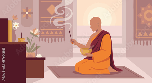 Buddhist Monk Performing Ritual
A flat vector illustration of a Buddhist monk performing a ritual using incense or a singing bowl. Flat vector style, ceremonial and gentle mood.