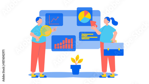 Two professionals examining various financial charts and bar graphs on a large digital dashboard screen