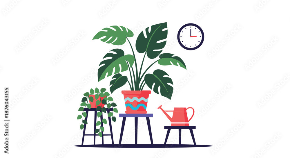 Fototapeta premium Collection of stylish houseplants, including a monstera, on stands with a watering can and clock, creating a cozy urban jungle.