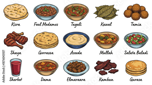 Assorted traditional Middle Eastern dishes and drinks neatly arranged on a clean white background