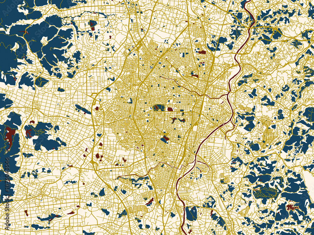 Fototapeta premium Modern graphic street map of Koriyama, Japan, with minimal ivory map base with golden roads and dark red water bodies in a modern flat style