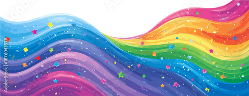 Abstrakte Regenbogenwelle mit funkelnden Sternen und Glitzerpartikeln, transparent