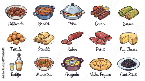 A vibrant illustration of traditional Italian cuisine featuring various dishes and ingredients, showcasing a diverse array of food items.