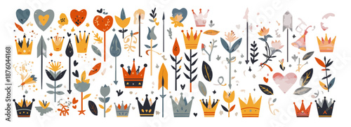 Bunte Vektorgrafiken von Kronen, Herzen und Blumen auf transparentem Hintergrund für Designzwecke.
