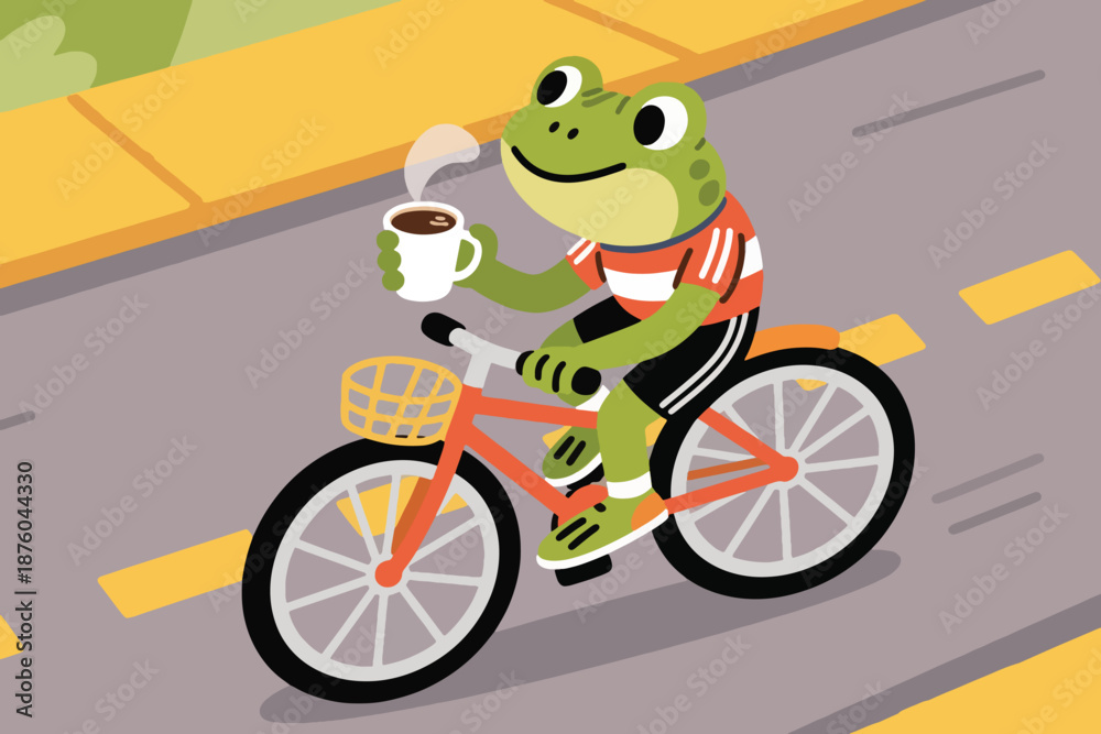Fototapeta premium Cartoon frog in striped shirt riding bicycle with coffee cup on road with yellow lines and grassy background.