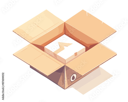 Eine offene Pappschachtel mit einem kleineren Karton darin, isometrische Ansicht, isoliert auf weißem Hintergrund