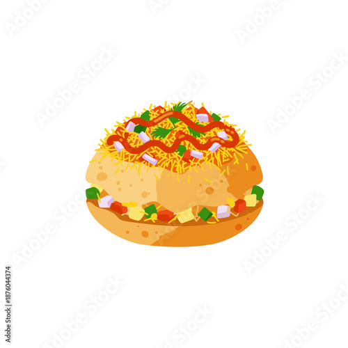 Savory Indian Sev Puri Chaat Vector Illustration. Popular Asian street food snack dish icon served with toppings and sauces on a white background.