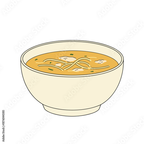 Creamy bowl of warm comfort soup with noodles or shredded meat, isolated vector illustration in minimalist hand-drawn doodle style for menu design.