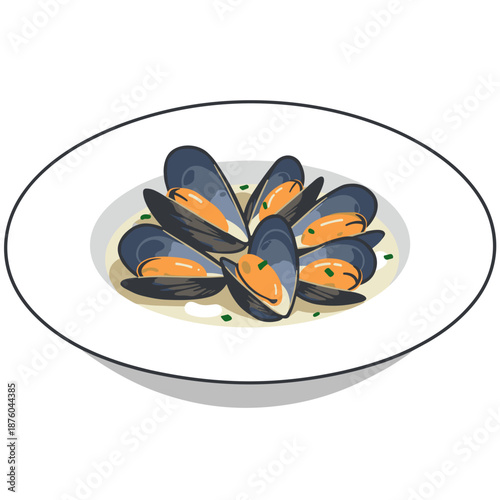 Gourmet Steamed Mussels in Shells Served on a White Plate, Seafood Dish Vector Illustration