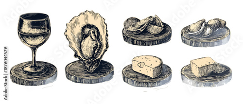 Illustration von Austern, Käse und einem Weinglas auf Holzscheiben, isoliert auf transparentem Hintergrund.