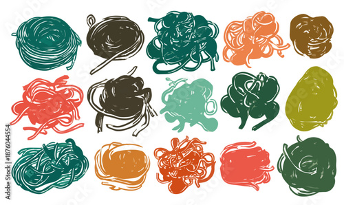 Bunte Nudeln in verschiedenen Formen und Farben, isoliert auf transparentem Hintergrund, handgezeichneter Stil