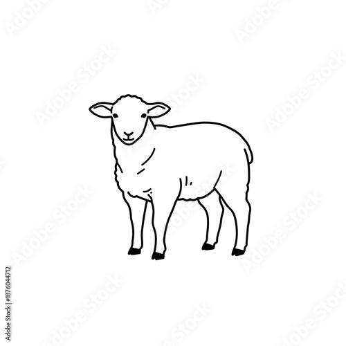 Simple Standing Sheep or Lamb Line Art Illustration, Minimalist Black and White Farm Animal Outline Vector Graphic Icon