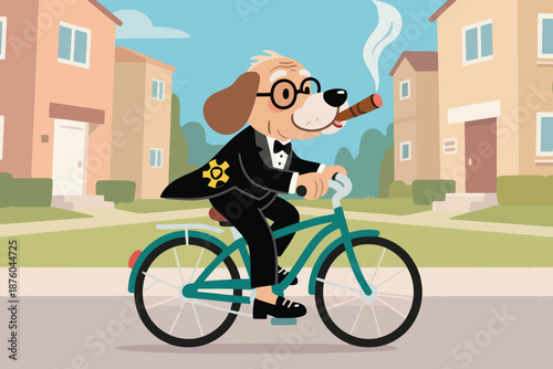 Cartoon dog in tuxedo with sheriff badge riding teal bicycle and smoking cigar on suburban street.