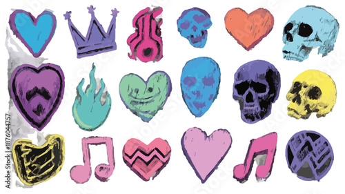 Bunte und abstrakte Symbole wie Herzen, Totenköpfe und Kronen, transparent auf weißem Hintergrund.