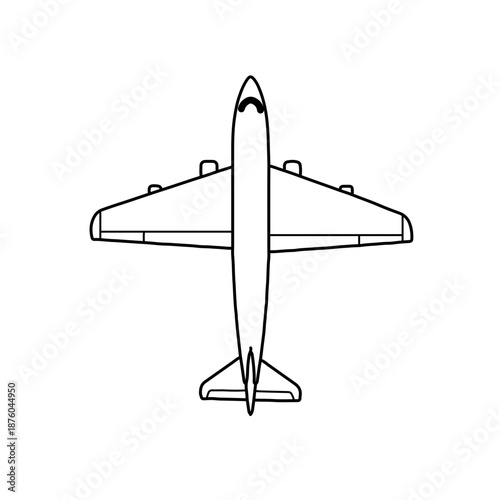 Commercial Airplane or Jet Aircraft Top View Outline Icon. Simple Black and White Vector Line Art Illustration of an Airliner for Travel and Aviation Transportation.