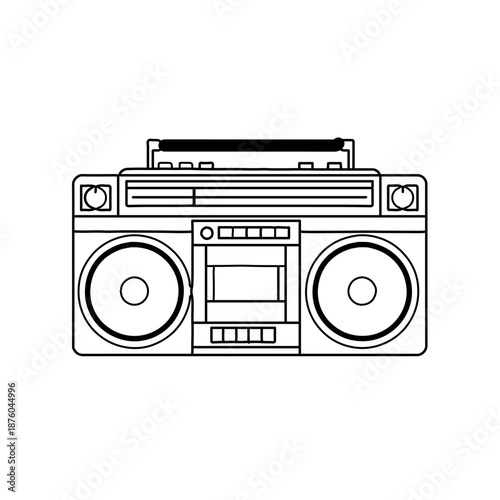 Classic Retro Boombox Line Art Icon. Portable 80s Ghetto Blaster Stereo Cassette Player Outline Vector Illustration for Music and Nostalgia Design.