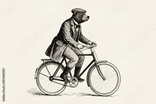 Vintage style engraved illustration of bear in suit and cap riding classic bicycle in monochrome.