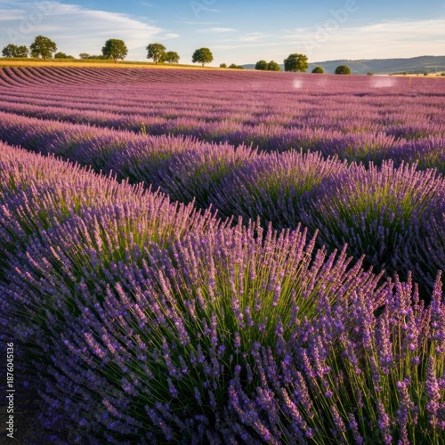 Vast lavender field in bloom under a clear sky during daytime with copy space