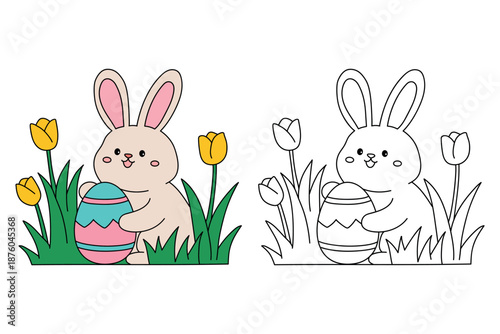 Happy Bunny Holding a Giant Rainbow Striped Easter Egg Coloring Page for Kids. Bunny Easter Coloring pages for kids. Trace and color Bunny Easter. Bunny Coloring Page for Easter Activity Printable.