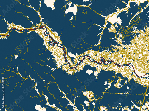 Photos Poster-style map of Ome, Japan using gold street network with deep red water