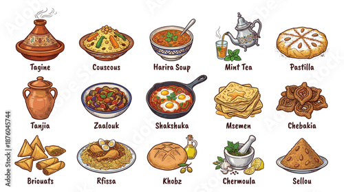 Assorted Traditional Cuisine Illustrations Featuring Tagine, Couscous, Harira, Mint Tea, Pastilla, Tajine, Zaalouk, Chakchouka, Msemen, Chhiwati, Briouats, Rfissa, Khobz, Cheremla, Sellou on Display