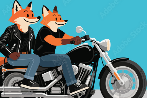 Two cartoon foxes riding classic motorcycle in casual clothes on light blue background.