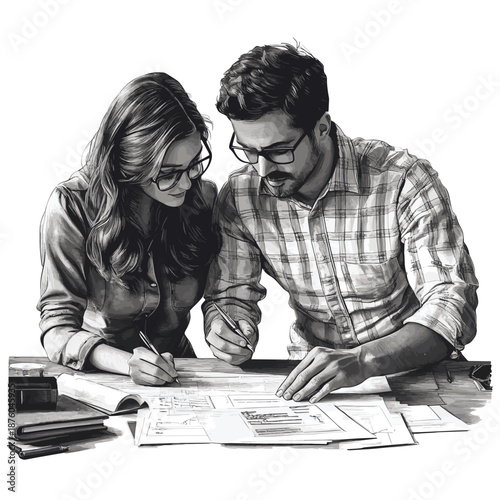 married couple working through a difficult problem together, focused on documents and planning sketch engraving generative ai raster illustration