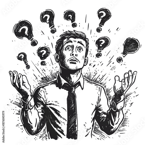 puzzled businessman shrugging with question marks around him, expressing confusion or uncertainty sketch engraving generative ai fictional character vector illustration