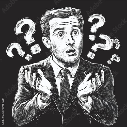 puzzled businessman shrugging with question marks around him, expressing confusion or uncertainty sketch engraving generative ai fictional character vector illustration