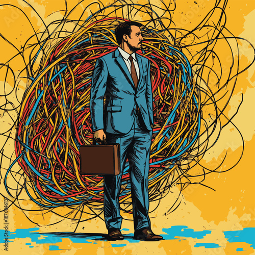 worried businessman with a briefcase, standing before a chaotic tangle of lines symbolizing confusion and mental stress