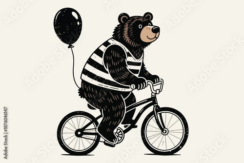 Cartoon bear riding bicycle with striped tank top and black balloon on clean background.