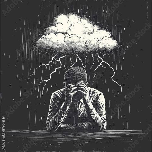 businessman with a storm cloud, rain, and lightning above his head, symbolizing stress, anxiety, and mental burden sketch engraving generative ai vector illustration