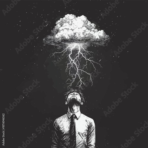 businessman with a storm cloud, rain, and lightning above his head, symbolizing stress, anxiety, and mental burden sketch engraving generative ai vector illustration