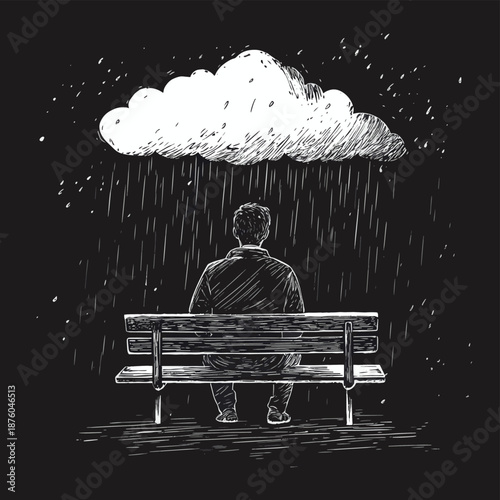 depressed man sitting on bench beneath rain cloud, sunny weather all around, inner sadness sketch engraving generative ai fictional character vector illustration