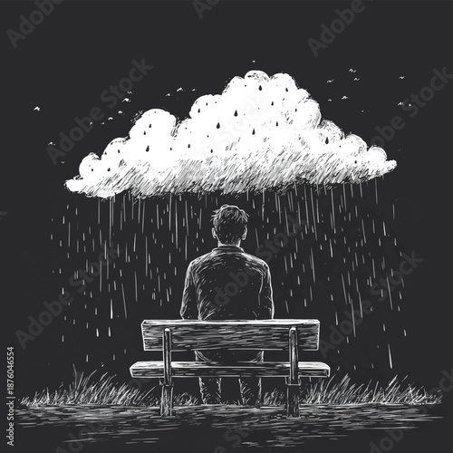 depressed man sitting on bench beneath rain cloud, sunny weather all around, inner sadness sketch engraving generative ai fictional character vector illustration
