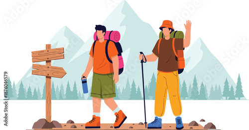 Flat vector illustration of two male hikers with backpacks and trekking poles walking on a mountain trail near a wooden signpost during summer adventure