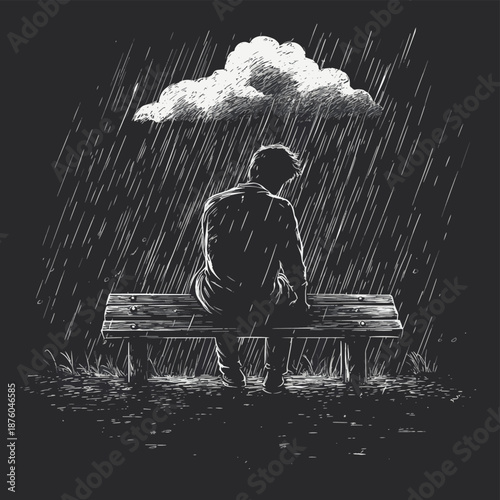 depressed man sitting on bench beneath rain cloud, sunny weather all around, inner sadness sketch engraving generative ai fictional character vector illustration