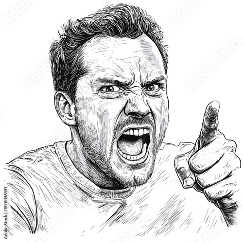 man looking distressed with inner critic, angrily points and yells sketch engraving generative ai fictional character raster illustration