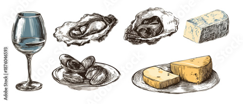 Copa de vino blanco con ostras, mejillones y quesos variados, ilustración dibujada a mano sobre fondo transparente.