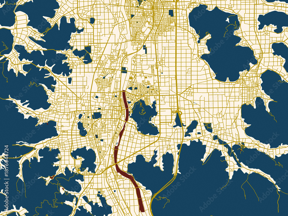 Naklejka premium Urban map of Takefu, Japan in a flat palette: warm gold street grid over a cream background with bold deep-red water areas