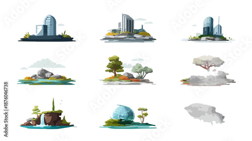 Conjunto de islas y paisajes abstractos con acuarela, elementos naturales y arquitectónicos, estilo transparente.