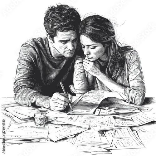 married couple working through a difficult problem together, focused on documents and planning sketch engraving generative ai raster illustration