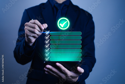 Man checking checkboxes, business performance checklist concept, survey, ticking checklist, filling out online forms, document management system, DMS, performance appraisal  