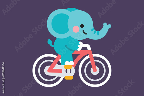 Cartoon blue elephant riding red bicycle with raised trunk and pink cheeks on dark purple background.