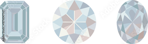 Clear diamond gemstone cuts set, emerald round oval crystal shapes isolated on white background for luxury jewelry branding design