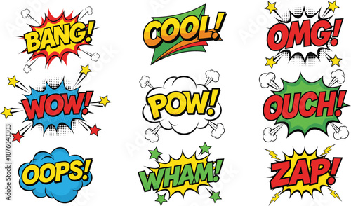 Set of comic book speech bubbles with pop art sound effects and onomatopoeia including bang wow cool pow omg ouch oops wham and zap vector.