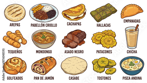 Assorted traditional Latin American dishes and drinks displayed on a table, showcasing vibrant culinary culture and variety of flavors