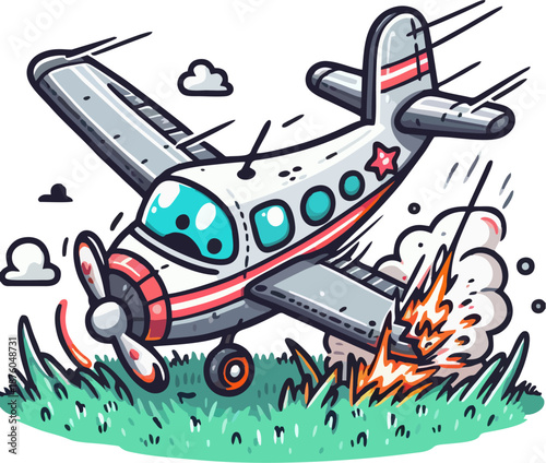 Cute cartoon gray airplane with sad blue eyes crashing on grass with explosion flames, smoke burst, red star emblem, motion lines, humorous aviation fail vector illustration